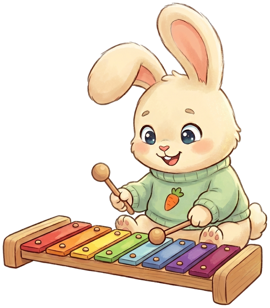 A cute bunny playing a rainbow xylophone